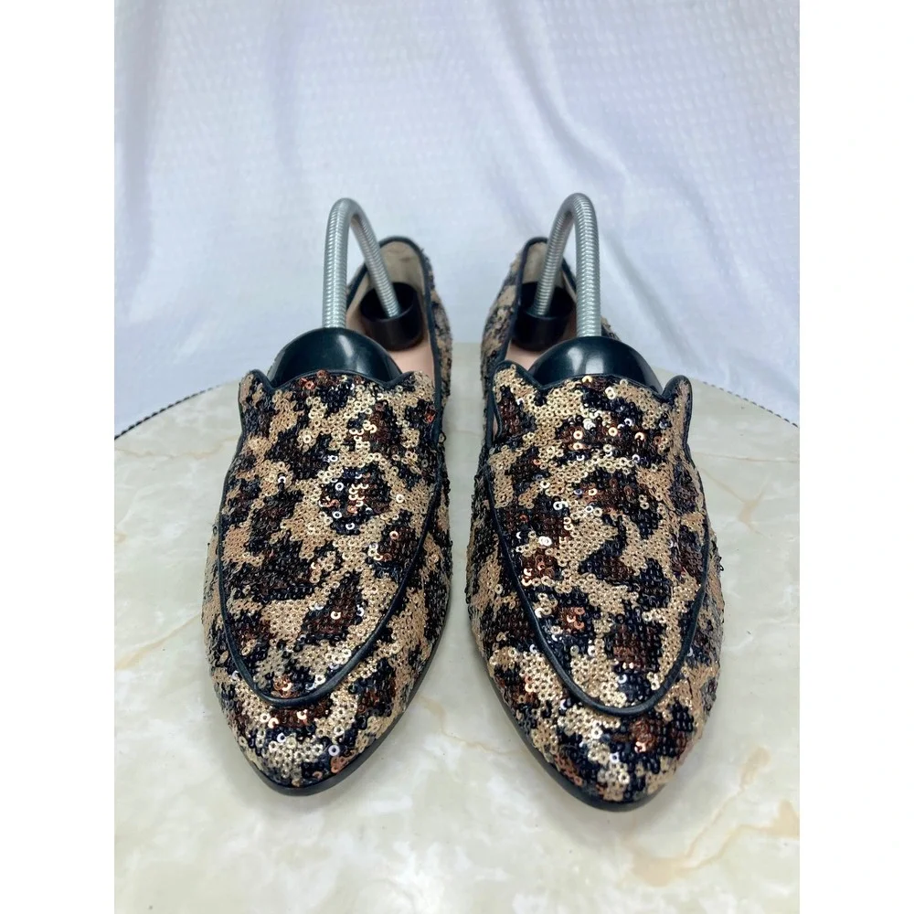Kate Spade Sequin Leopard Print Loafers Womens 9.5 Gold Black Evening Party Flat